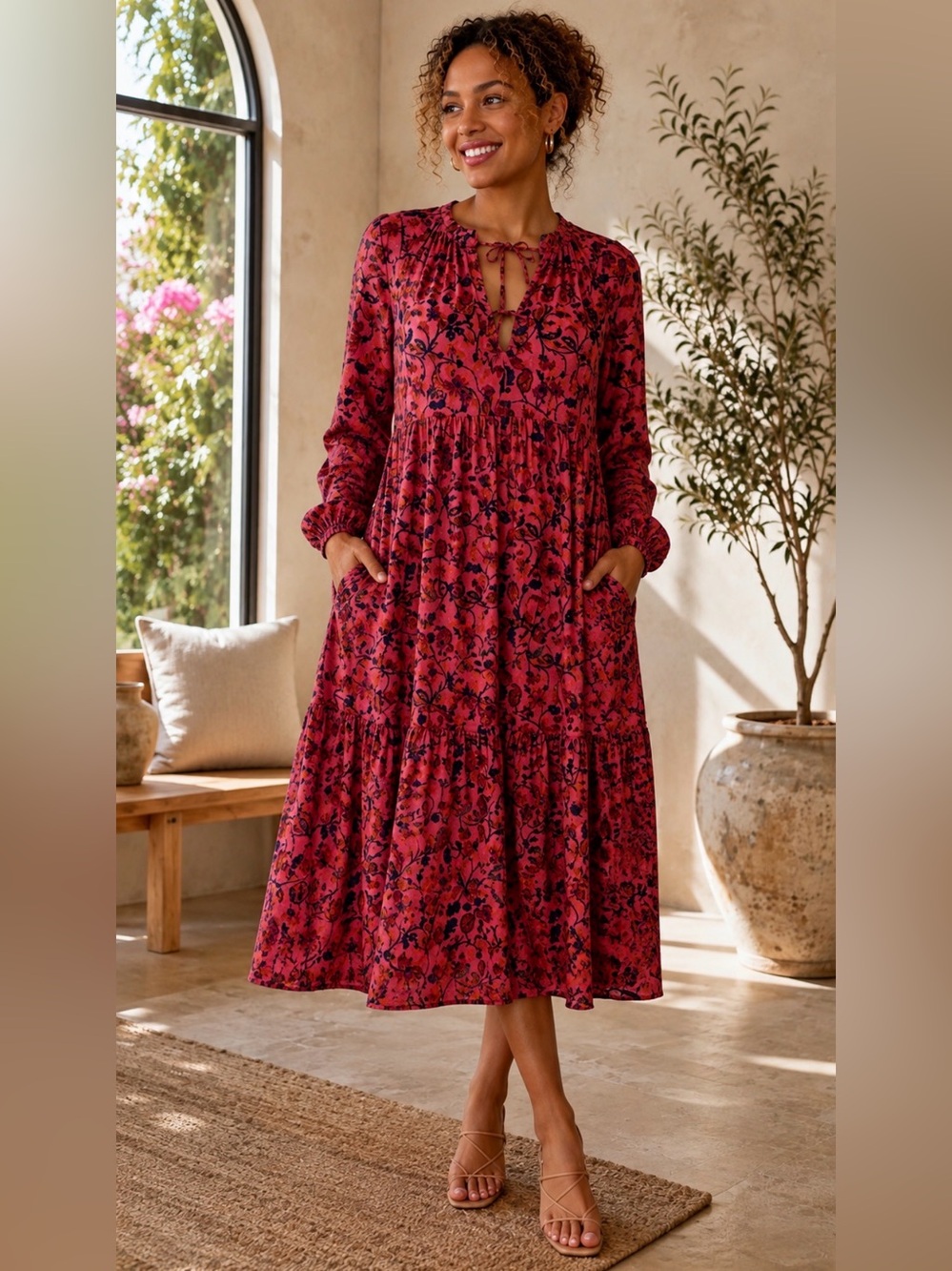 Matta Floral Tie-Neck Long Sleeve Midi Dress with Pockets